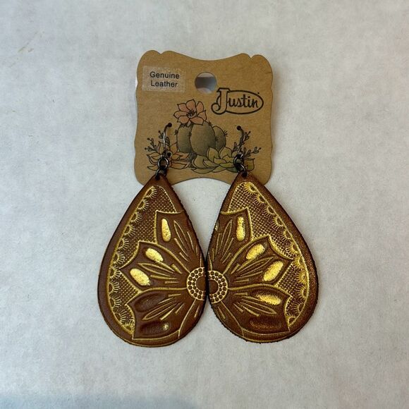 Justin Jewelry - NEW Justin Leather Earrings Southwest Western Brown Flower Floral Gold Tone